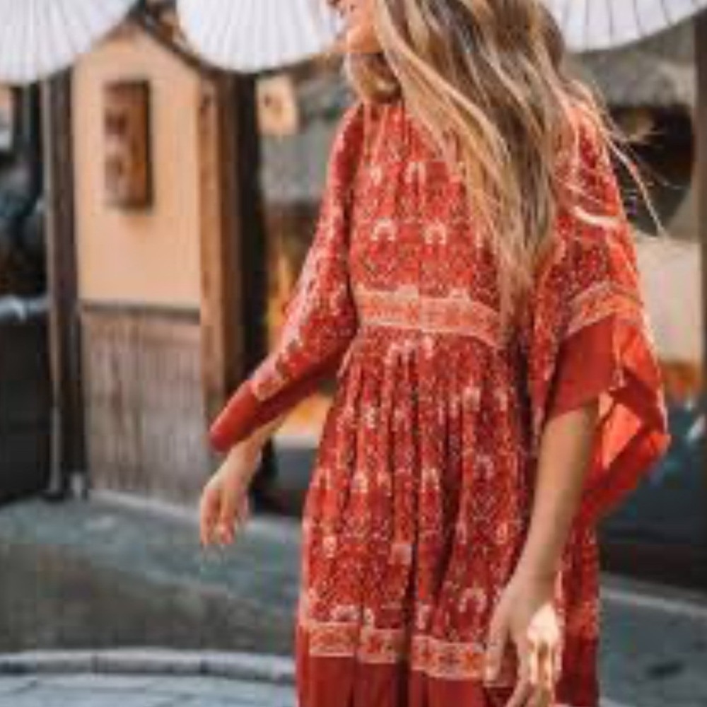 R.Vivimos Boho Red Paisley Floral Kimono Sleeve Babydoll Mini Dress Small 4/6